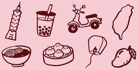 Collection of hand-drawn icons representing Taiwan's culture and landmarks. © Riki