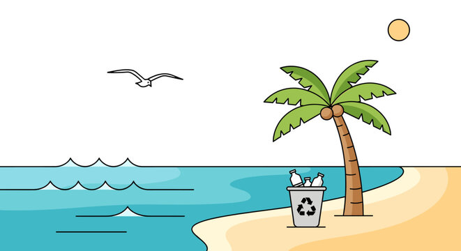 A cartoon illustration of a clean beach scene with a palm tree, ocean waves, a flying seagull, and a recycling bin under a sunny sky.