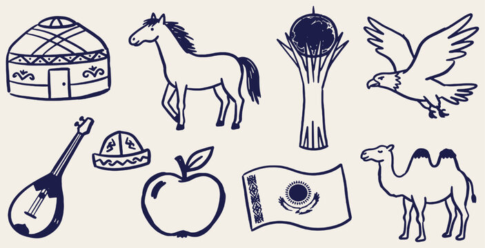 Collection of hand-drawn icons representing Kazakhstan's culture and symbols.