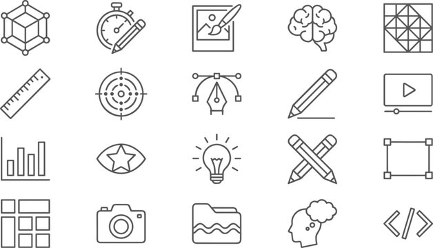 Graphic Design and Creative Process Icon Set Featuring Vector Illustration Tools, Photography, Brainstorming Ideas, Digital Media Production, Web Coding, and Professional Brand Development Symbols