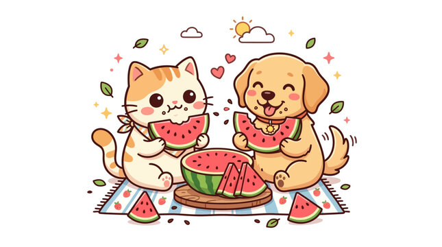 Cartoon cat and dog eating watermelon.