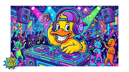 Fototapeta premium Funny DJ Duck Wearing Headphones in Absurd Nightclub Vector Illustration