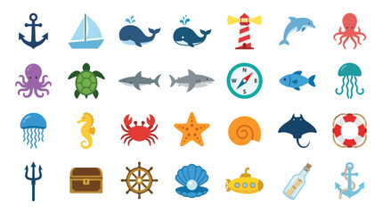 Sea creatures and ocean icons set. © tri