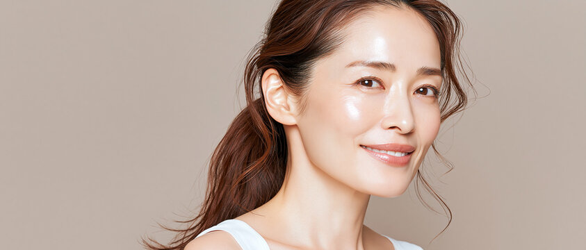 日本人, 女性, 50代, 40代, ミドル, シニア, 美容, スキンケア, エイジングケア, 健康, ライフスタイル, 美人, ナチュラル, 清潔感, 透明感, 白背景, コピースペース, 広告素材, 信頼感, 微笑み, ウェルビーイング, 上半身, 視線, ポニーテール, 化粧品, エステ, 自己肯定感, オーセンティック, ポジティブエイジング, 日本, ウェルエイジング, サプリメント,
