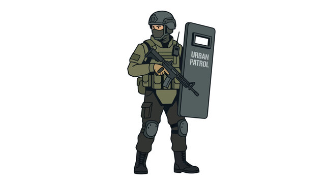 Soldier holding shield and gun ready.