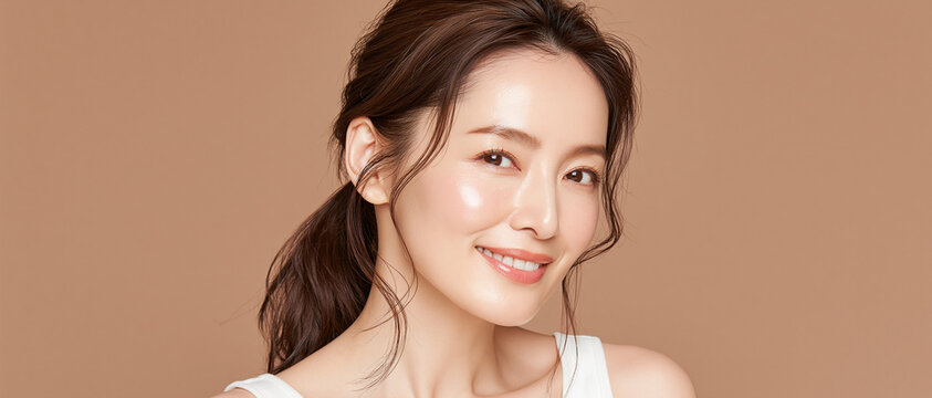 日本人, 女性, 50代, 40代, ミドル, シニア, 美容, スキンケア, エイジングケア, 健康, ライフスタイル, 美人, ナチュラル, 清潔感, 透明感, 白背景, コピースペース, 広告素材, 信頼感, 微笑み, ウェルビーイング, 上半身, 視線, ポニーテール, 化粧品, エステ, 自己肯定感, オーセンティック, ポジティブエイジング, 日本, ウェルエイジング, サプリメント,