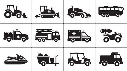 Black and white of various types of vehicles and transportation © DS STORE