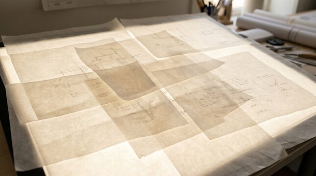 Architectural sketches on tracing paper laid out on a light table in a design studio