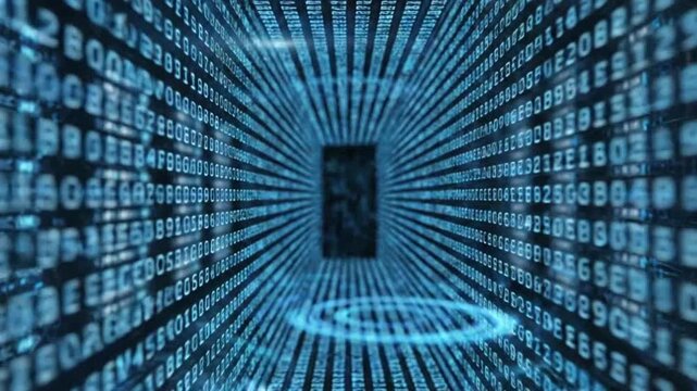 Digital tunnel with binary code symbolizing digital transformation and future innovation