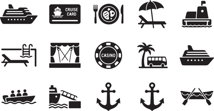 Black and white representing travel cruise ship vacation activities and amenities