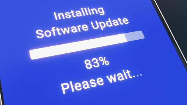 Video animation of a smartphone with a blue screen showing a progress bar for installing system update - software update in process.