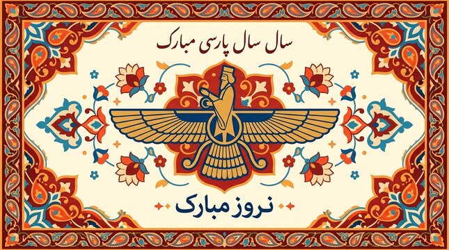 Persian New Year Norooz Greeting with Faravahar Symbol and Floral Ornaments.