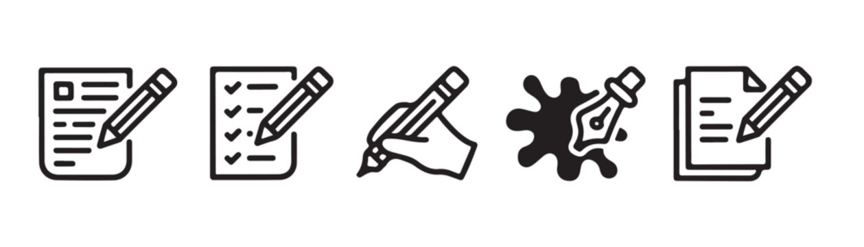 Document, pencil and checklist vector icons, contract and to do list with pen, ink blot symbols.