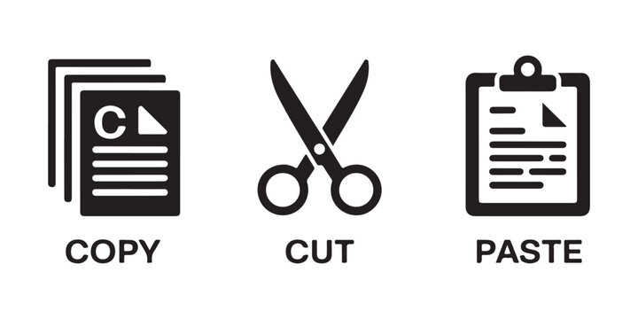 Copy cut paste computer command icons set for digital document file operations.