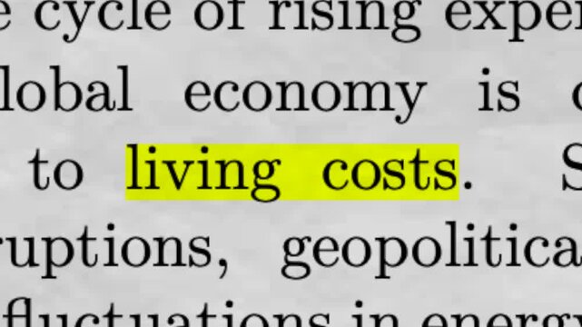Living Costs highlighted in article text with fast scrolling documentary style background