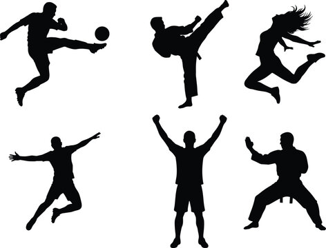 Silhouette of people playing soccer martial arts dancing and jumping set, sports and fitness icons, active lifestyle vector illustration, collection.