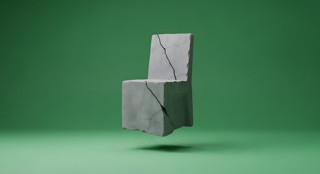 A distorted concrete chair sits on a green screen background melting shape.