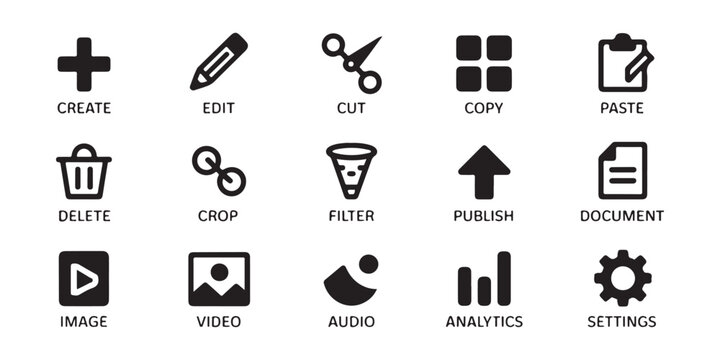 Create edit cut copy paste delete crop filter publish document image video audio analytics.