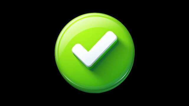 3d Animation of check mark icon. White and Green check mark on black background.