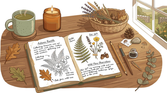 Nature journaling desk vector illustration with botanical sketchbook autumn leaves candle tea and cozy creative workspace atmosphere