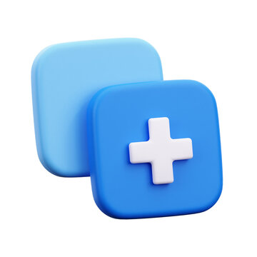 3D plus sign button on blue cube isolated on transparent background
