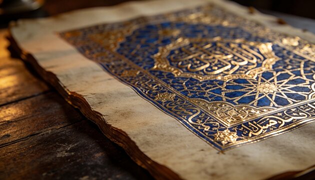 Ancient ornate manuscript with intricate gold and blue Islamic geometric patterns on aged parchment paper