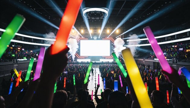 Crowd of excited fans holding colorful glowing foam sticks at a vibrant concert with a large stage and bright lights