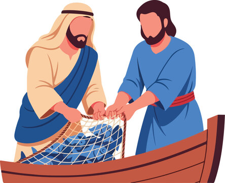 Two men in a boat pull a net full of fish. Suitable for fishing industry, teamwork, collaboration, and marine activities concepts.