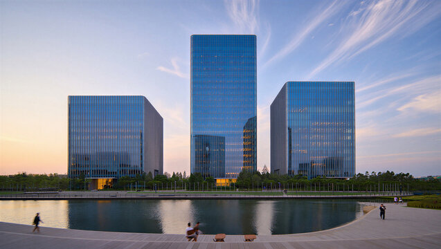 Three glass office towers by a reflecting pool or lake at sunset