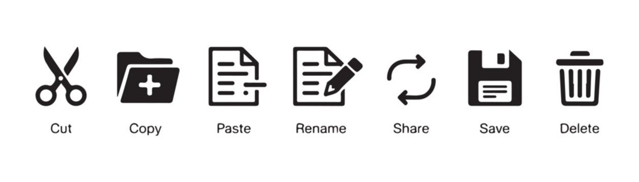 Flat black icons with labels for standard computer operations cut copy paste rename share save delete.