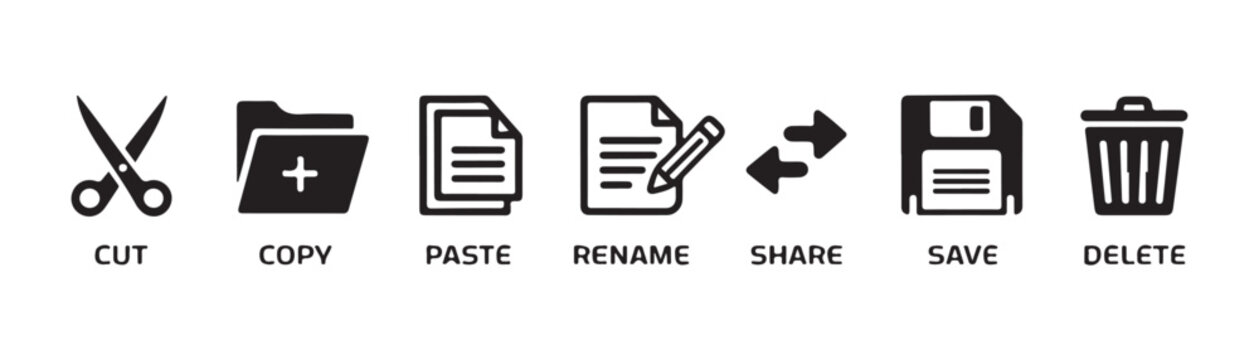 Universal file action icons with bold labels including cut copy paste rename share save and delete icon.
