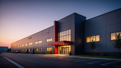 Obraz premium Modern industrial building or warehouse exterior with red accents at twilight