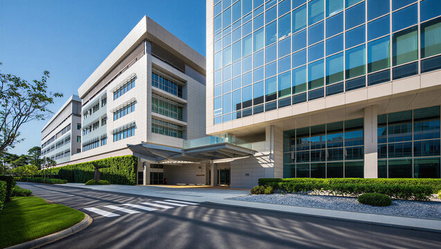 Modern clinical or corporate building exterior with glass facade and lush green landscaping