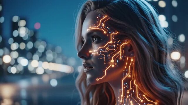 woman with glowing circuit design on face ideal for sleek commercial backgrounds and title sequences