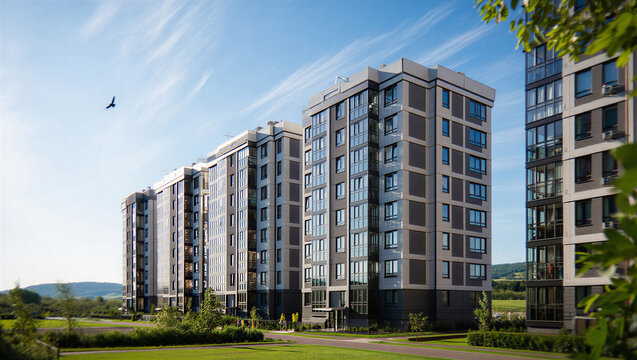 Modern residential apartment complex exterior with multiple building blocks and green spaces