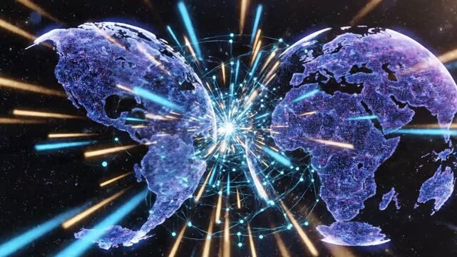 Two digital globes connected in space representing smart infrastructure and connectivity