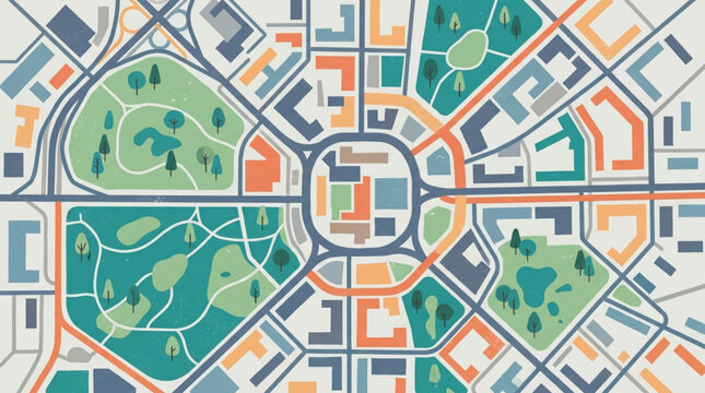 Aerial view of a city map with roads and green spaces.
