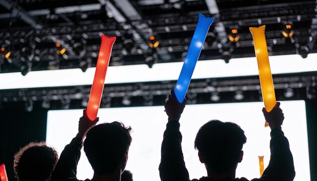 Crowd of people holding up glowing light sticks in a concert or event venue with a stage in the background