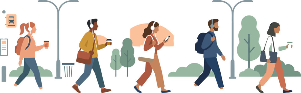 People walking outdoors with coffee and smartphones vector illustration for urban lifestyle commuting and everyday city activity design