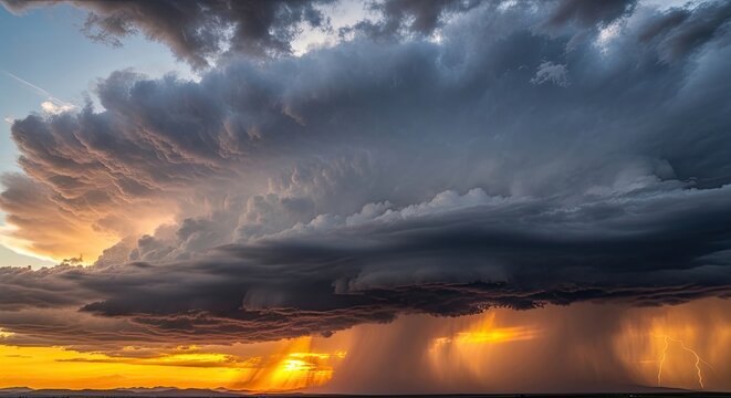 Dramatic supercell storm cloud over landscape at sunset
