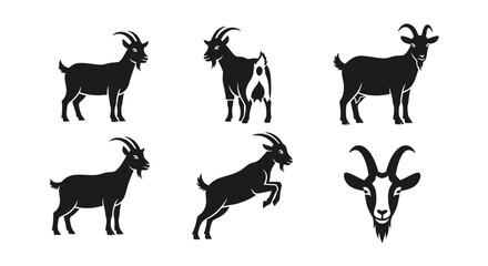 Fototapeta premium Collection of Black Silhouette Vector Icons Representing Goats in Various Poses and Angles