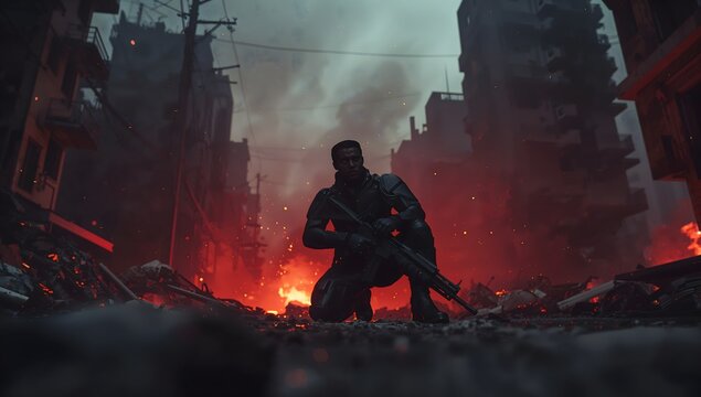 Dramatic cinematic soldier with rifle in war zone ruins at night