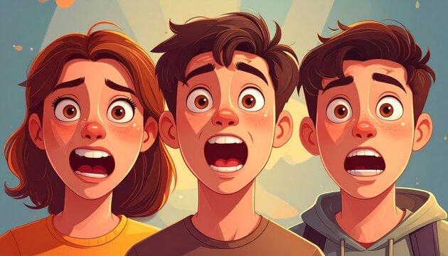 Three cartoon teenagers with shocked expressions.