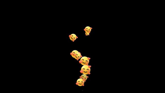 Animated flying laugh love emoji particles on green background, social media emotiocon reaction 4k animation