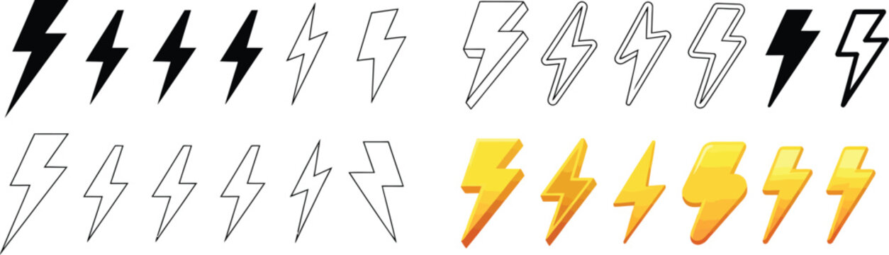 Lightning doodle set thunder bolt icons cartoon line style vector illustration