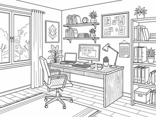 Obraz premium Home office interior line art coloring page with desk and bookshelf