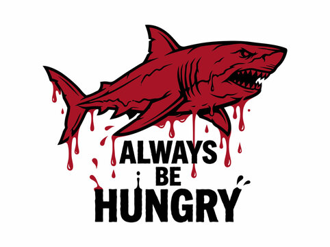Aggressive red shark illustration with blood drips and always be hungry text