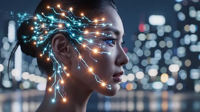 Woman with glowing circuit patterns on face perfect for IT presentations and tech marketing