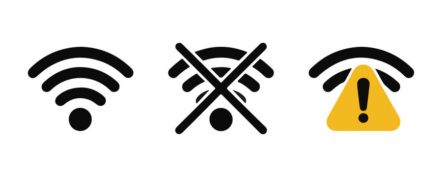 Wireless internet signal status icons including active offline and warning error symbols in flat style.