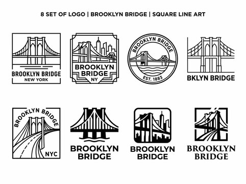 Set of 8 brooklyn bridge logo designs in minimalist square line art style